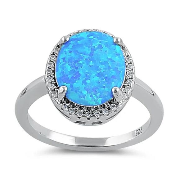 New Sterling Silver Blue Opal Oval Halo Clear CZ Ring - Picture 1 of 3